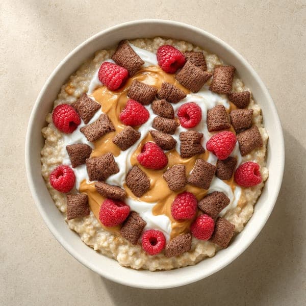 Owsianka proteinowa z poduszkami Yummers i malinami