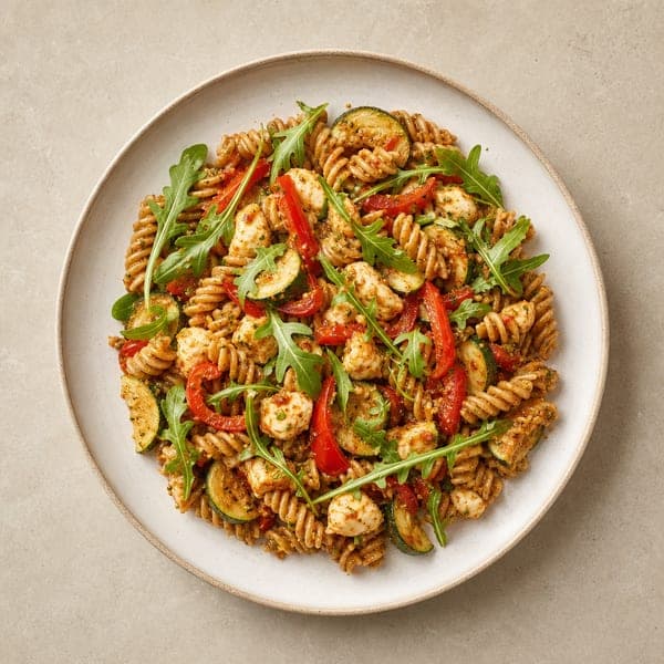 Makaron z warzywami, mozzarellą i czerwonym pesto