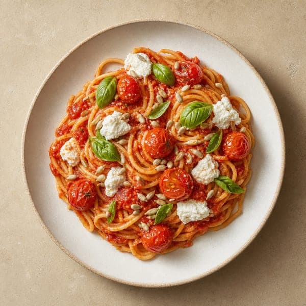 Spaghetti w sosie pomidorowym z kremową ricottą