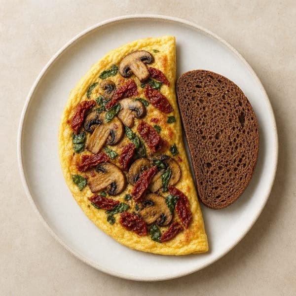 Omlet z pieczarkami, suszonymi pomidorami i aromatyczną bazylią