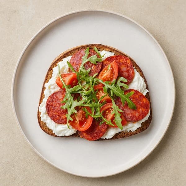 Razowa grzanka z chorizo i serem burrata