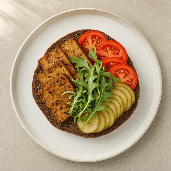 Kanapki z wędzonym tofu na chlebie razowym z ogórkiem kiszonym