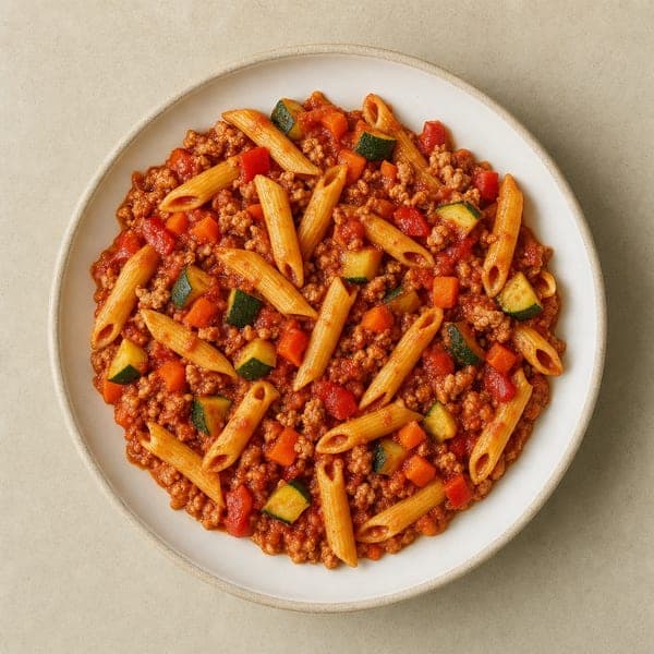 Makaron penne z mielonym indykiem i warzywnym sosem pomidorowym