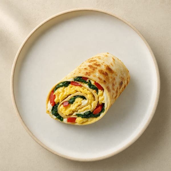 Zwinięta tortilla z jajecznicą, serkiem i warzywami