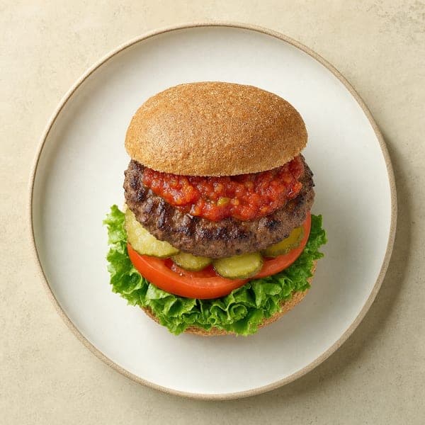 Wołowy burger z ostrą salsą pomidorową