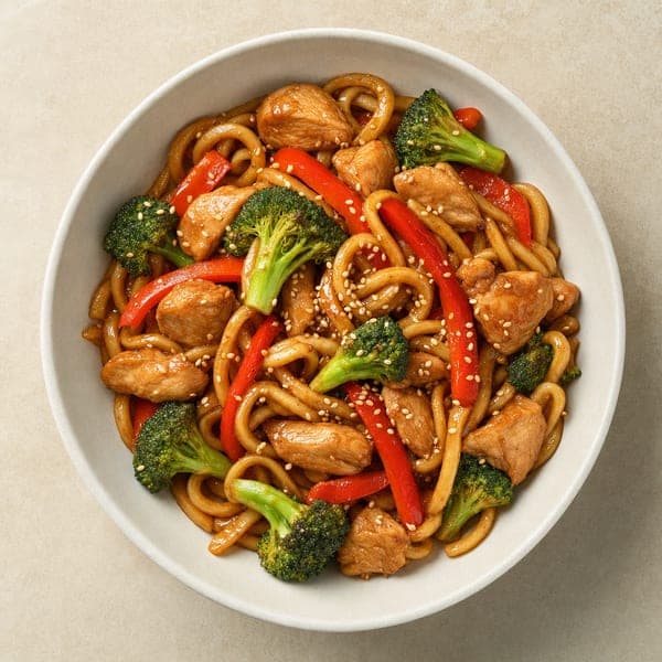 Makaron udon z kurczakiem i warzywami