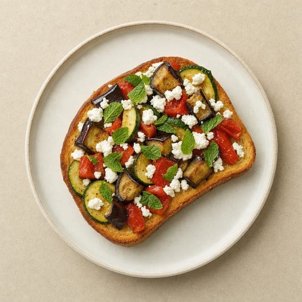 Tost z serem feta i pieczonymi warzywami po grecku