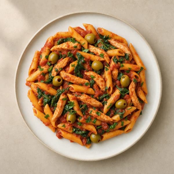 Ekspresowy makaron penne z indykiem w sosie pomidorowym