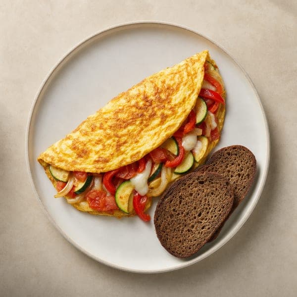 Złocisty omlet z papryką i cukinią podany z pieczywem