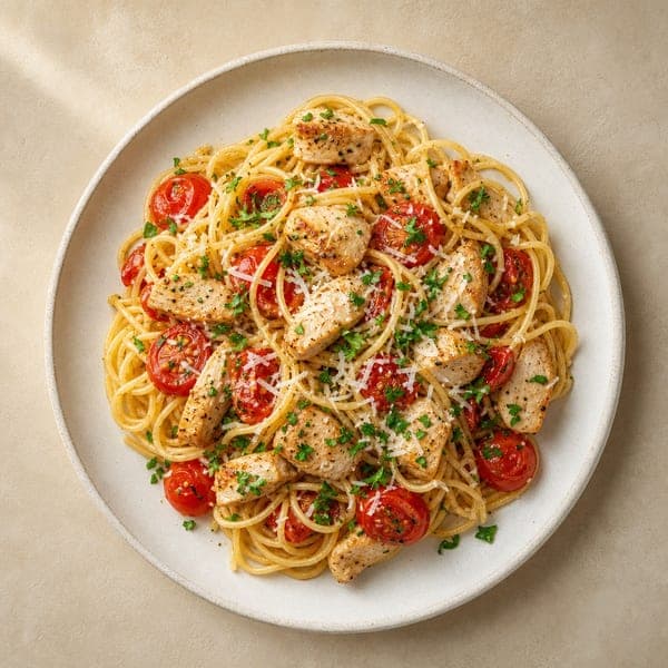 Spaghetti z kawałkami kurczaka i pomidorkami