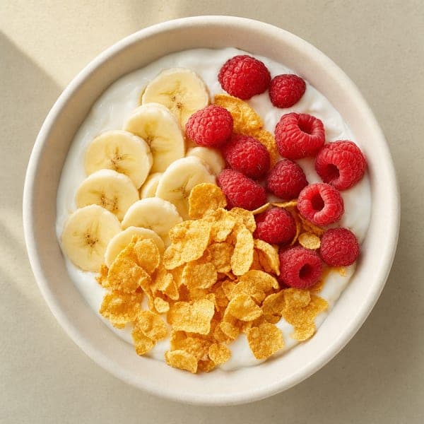 Jogurt naturalny z płatkami kukurydzianymi i owocami