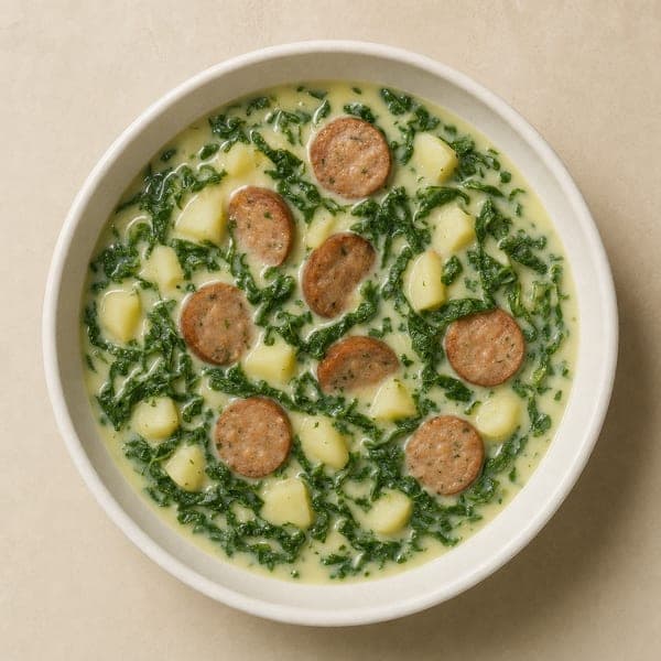 Kremowa zupa caldo verde z jarmużem i kiełbaskami roślinnymi