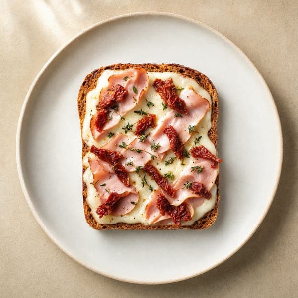 Grzanka z mozzarellą, szynką i suszonymi pomidorami