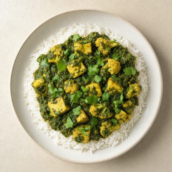Palak paneer po indyjsku z curry i ryżem korzennym