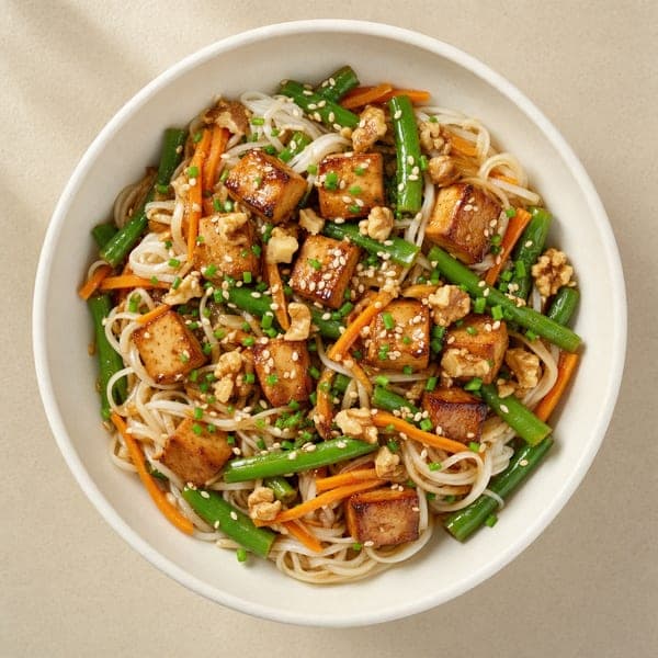 Makaron ryżowy z tofu, fasolką szparagową i sosem teriyaki