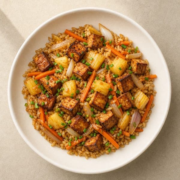 Tofu wędzone z brązowym ryżem, warzywami i ananasem