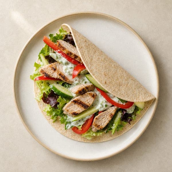 Tortilla z grillowanym schabem i warzywami w sosie cytrynowo-jogurtowym