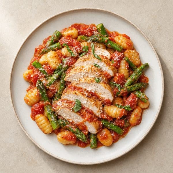 Gnocchi z zielonymi szparagami w sosie pomidorowym