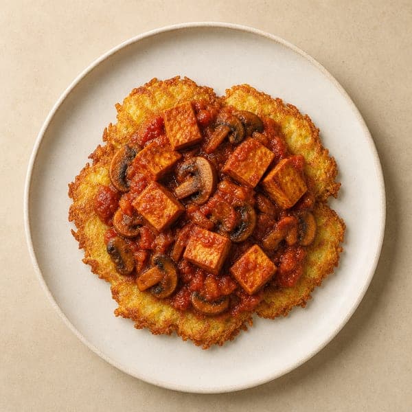 Placki ziemniaczane z warzywno-tofu sosem w stylu węgierskim