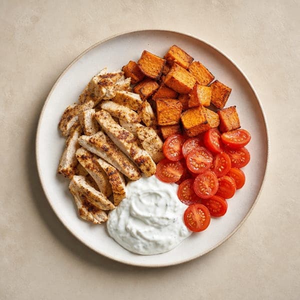 Pudełko z kurczakiem gyros, batatami, pomidorkami i sosem
