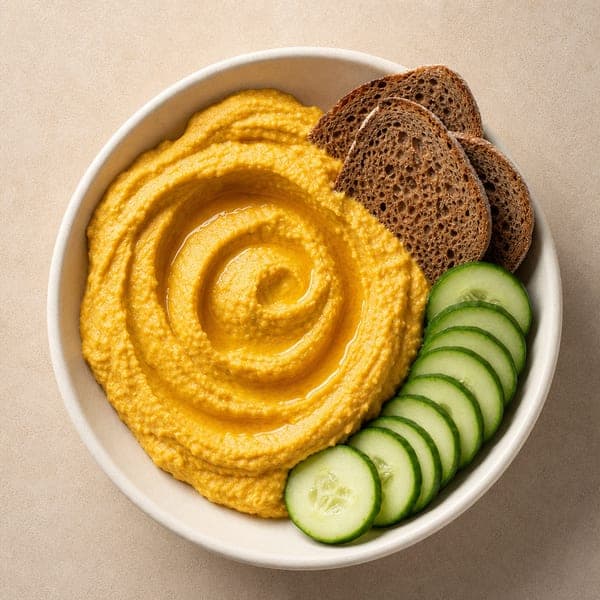 Dyniowy hummus z pieczywem i ogórkiem