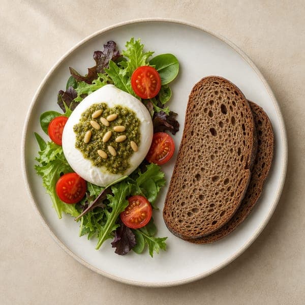 Mozzarella z sałatą, pomidorkami i zielonym pesto