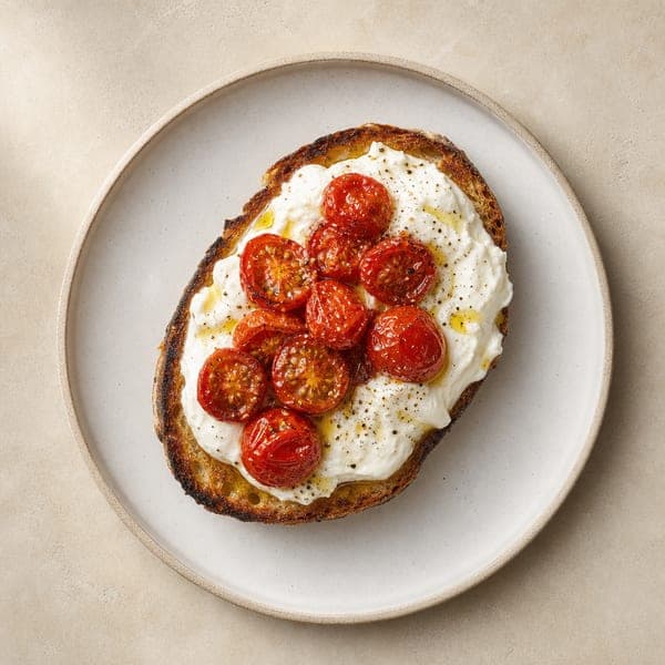 Tost z burratą i pieczonymi pomidorkami koktajlowymi