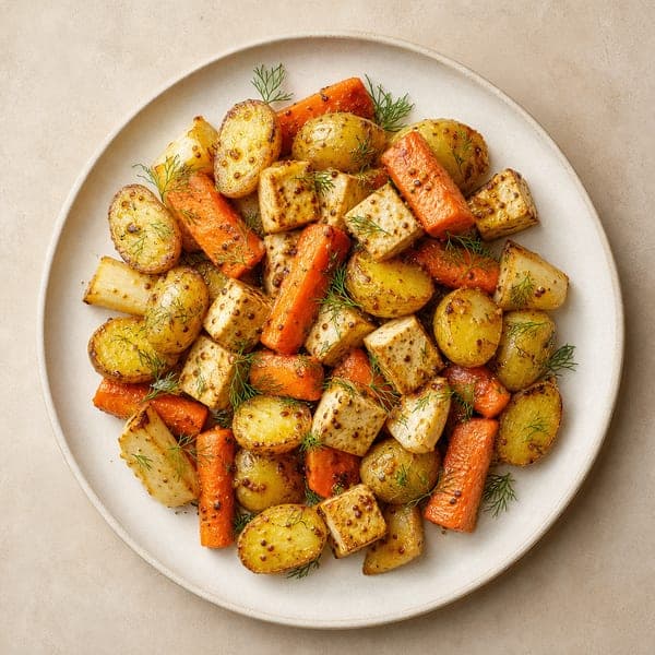 Pieczone tofu z korzeniowymi warzywami i młodymi ziemniaczkami