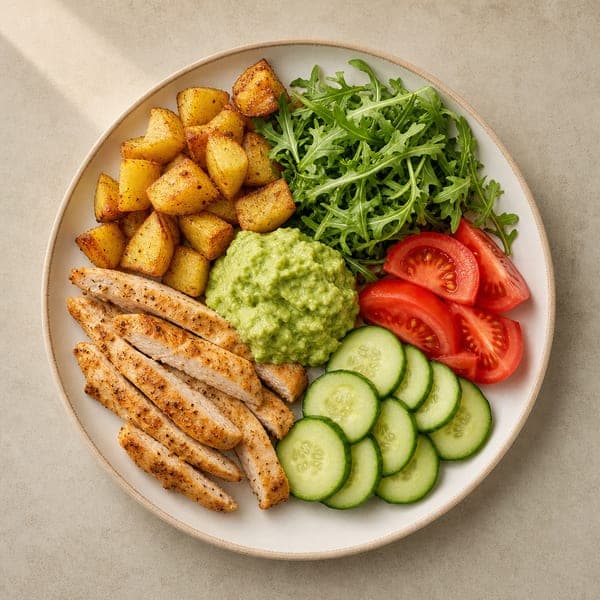 Pieczone stripsy z indyka z guacamole i ziemniakami