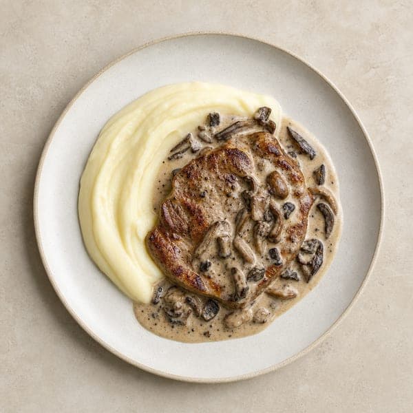 Karkówka wieprzowa w sosie z leśnych grzybów z ziemniaczanym purée