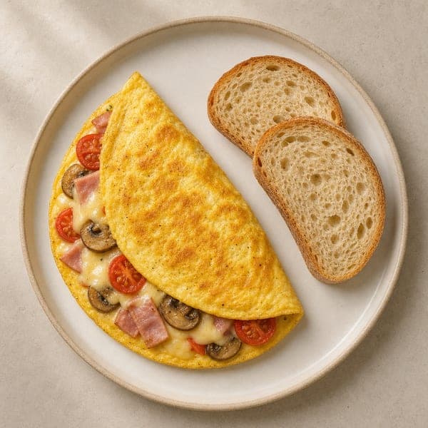 Omlet z serem, szynką, pieczarkami i pomidorkami cherry