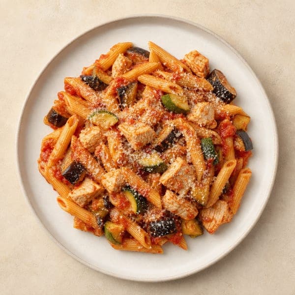 Penne z indykiem i warzywami w sosie pomidorowym z serem