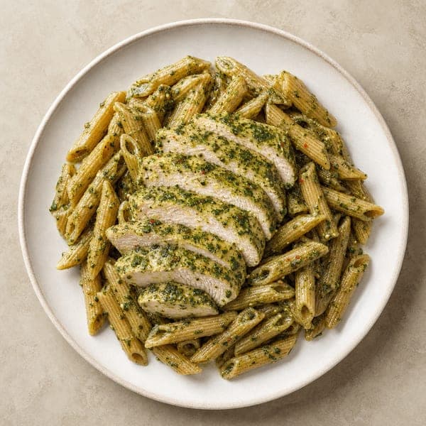 Pełnoziarnisty makaron z kurczakiem i pesto pietruszkowym