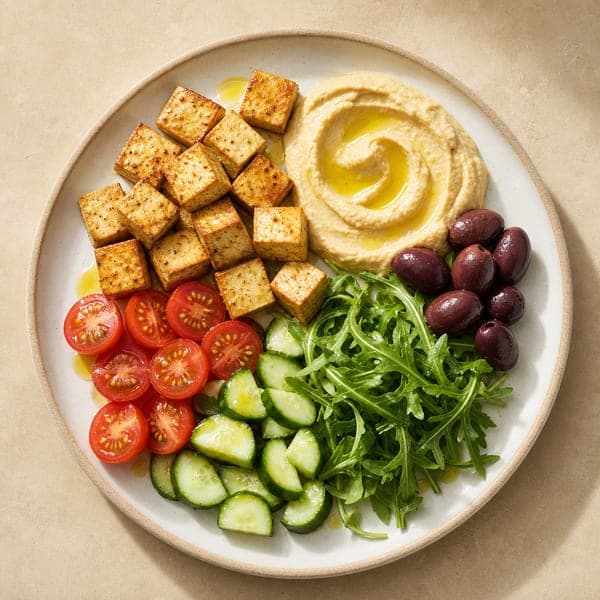 Tofu w stylu śródziemnomorskim z hummusem i oliwkami