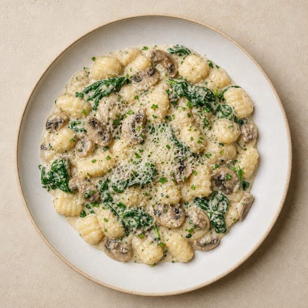 Gnocchi w kremowym sosie z grzybami, szpinakiem i parmezanem