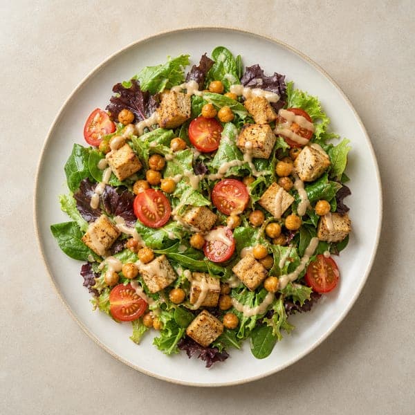 Sałatka z chrupiącą ciecierzycą, tofu i sosem tahini