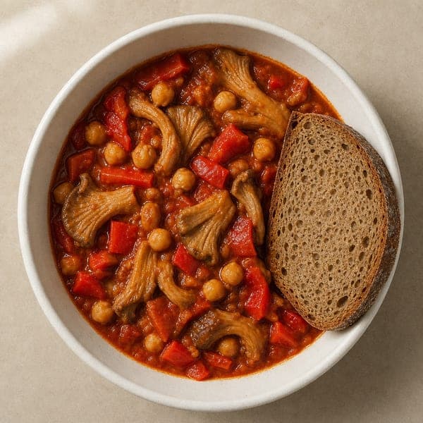 Warzywny gulasz z ciecierzycy podany z chlebem