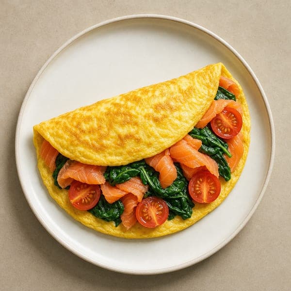 Omlet z łososiem wędzonym, szpinakiem i pomidorkami