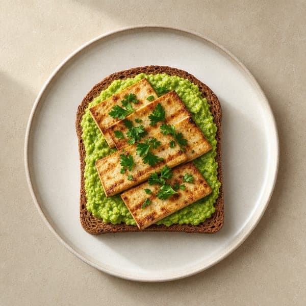 Grillowane tofu na chrupiącym toście z pastą grochową