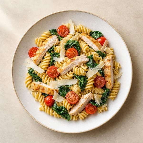 Makaron fusilli z indykiem, szpinakiem i pomidorkami