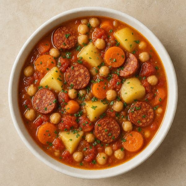 Sycąca zupa z ciecierzycy z kiełbasą chorizo