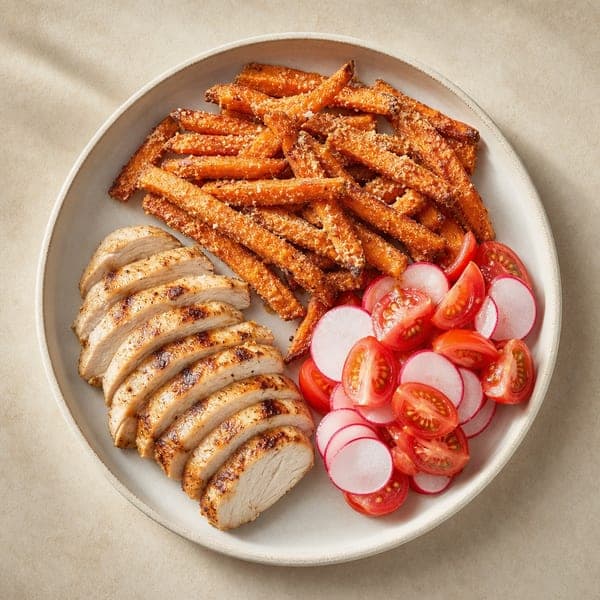 Kurczak z chrupiącymi frytkami z batata w parmezanie i sałatką