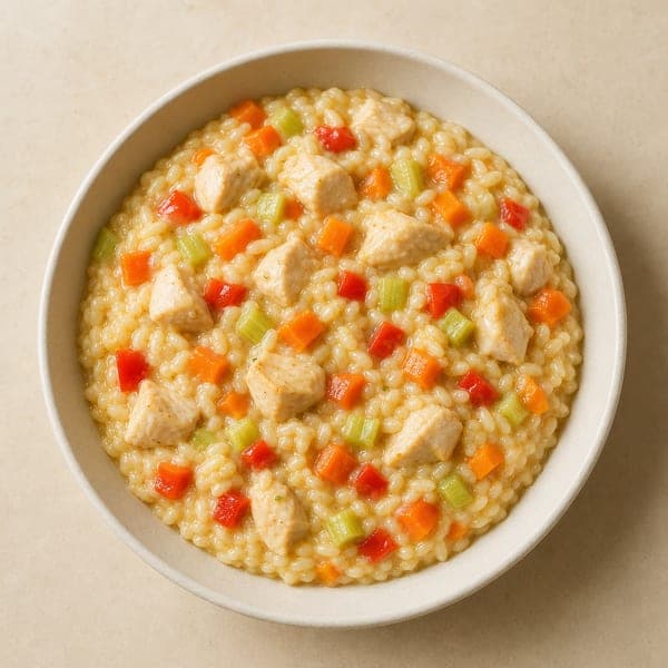 Risotto z marchewką, selerem i kawałkami kurczaka