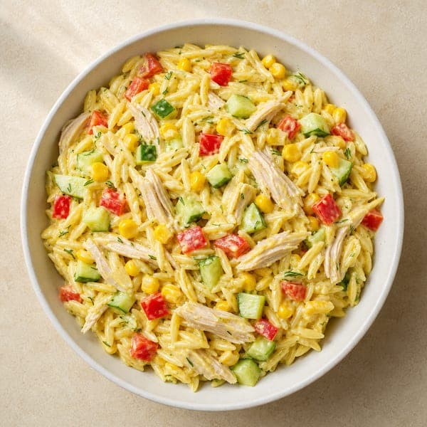 Sałatka z makaronem orzo, kurczakiem i kukurydzą