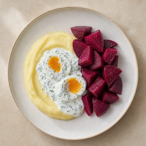 Ziemniaczane purée z jajkami w sosie jogurtowym z koperkiem