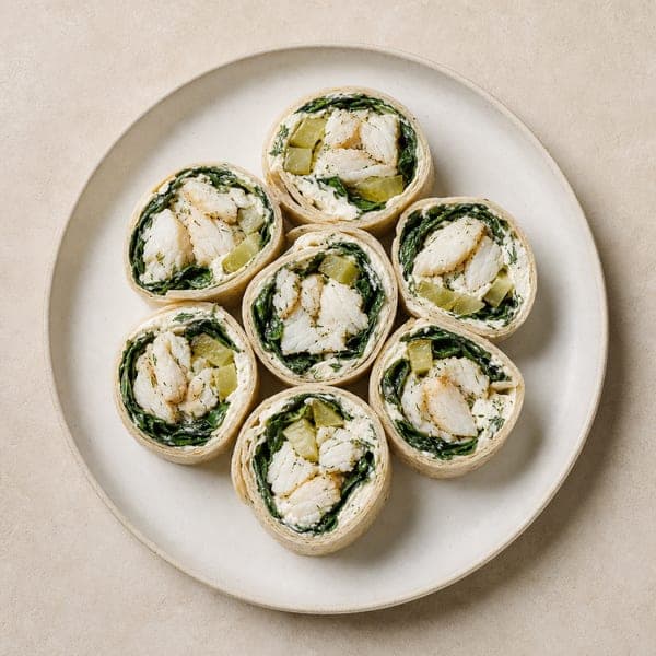 Roladki z tortilli z pieczonym dorszem