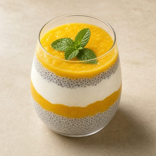 Warstwowy deser chia z mango i kremem tofu