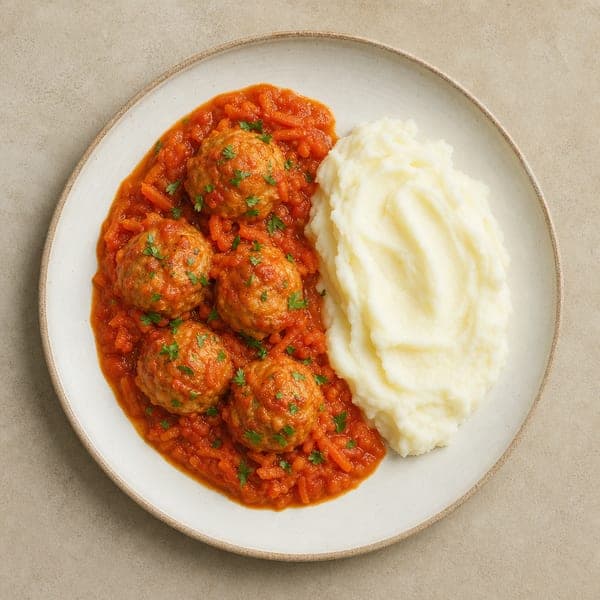 Drobiowe pulpeciki w warzywno-pomidorowym sosie z ziemniakami puree