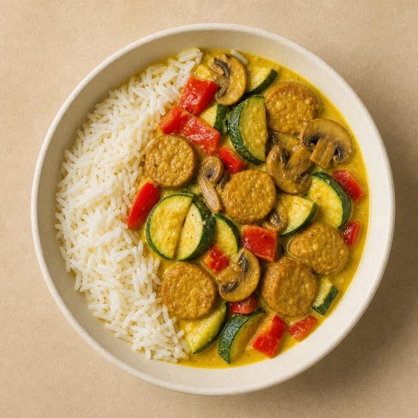 Żółte curry z kotletem sojowym i warzywami