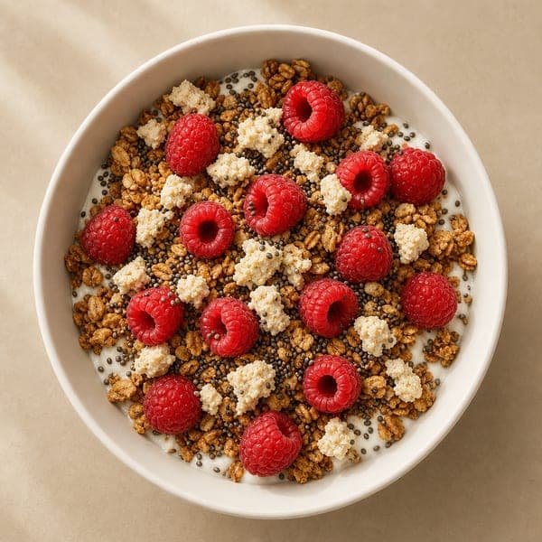 Proteinowa granola z jogurtem sojowym, owocami i chia